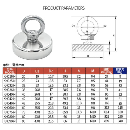 D16~D42mm Super Strong Neodymium Fishing Hook N52 Heavy Duty Rare Earth Neodymium with Countersunk Hole Eyebolt Salvage Magnetic