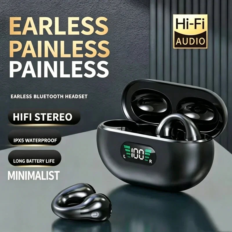 Wireless Bluetooth Earphones Ear-clip LED Power Display Headset Sport Earbuds for Phone HD Sound Game Headphones With Mic