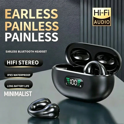 Wireless Bluetooth Earphones Ear-clip LED Power Display Headset Sport Earbuds for Phone HD Sound Game Headphones With Mic
